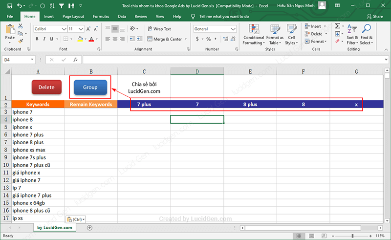 Nhấp nút Group để tool tự chia nhóm từ khóa