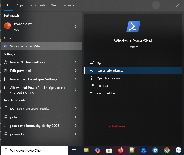 Mở PowerShell với quyền admin